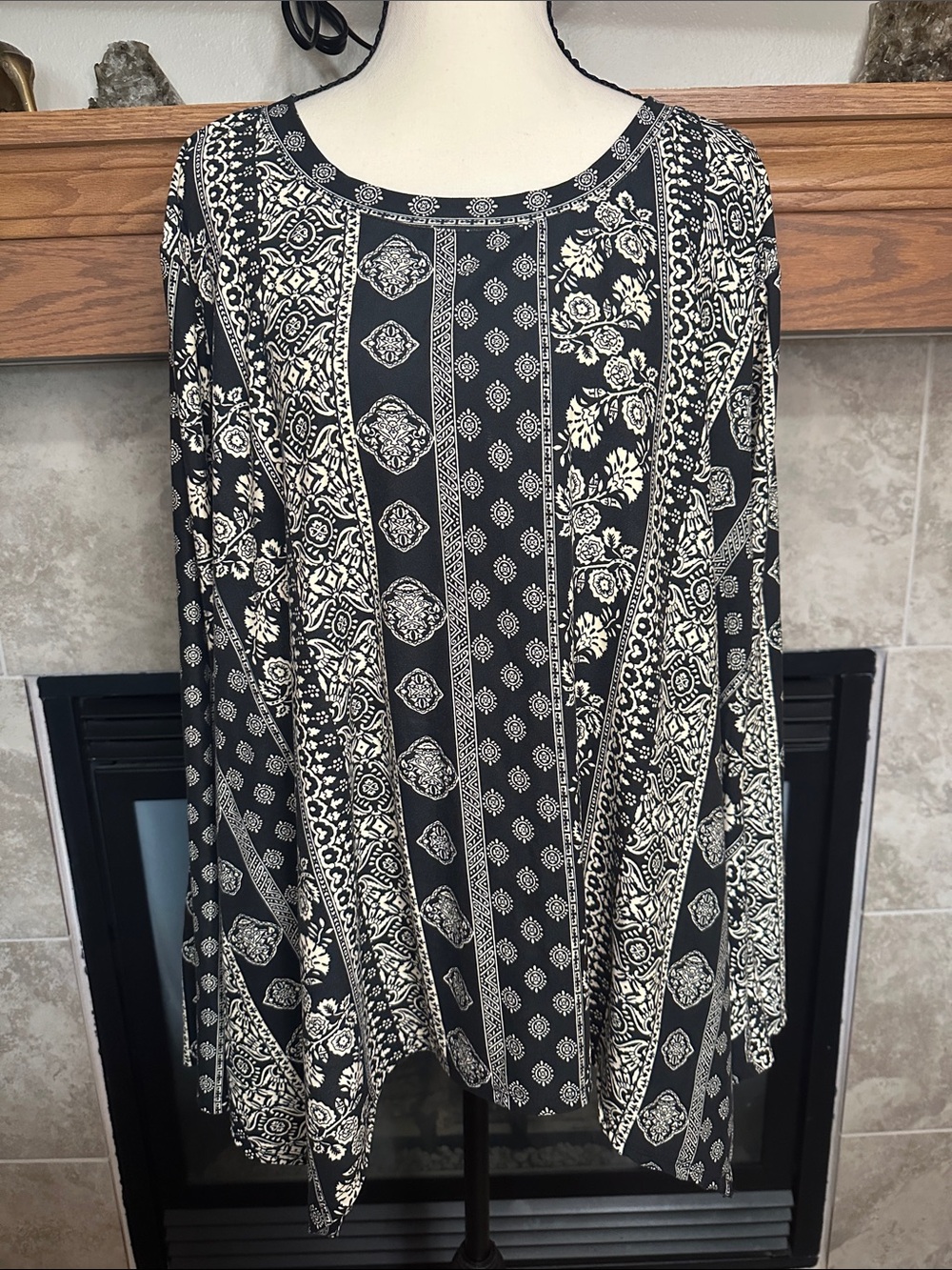 Boho Floral Print Long Sleeve Shirt Asymmetric Hem Stretchy Top Plus Size 3X